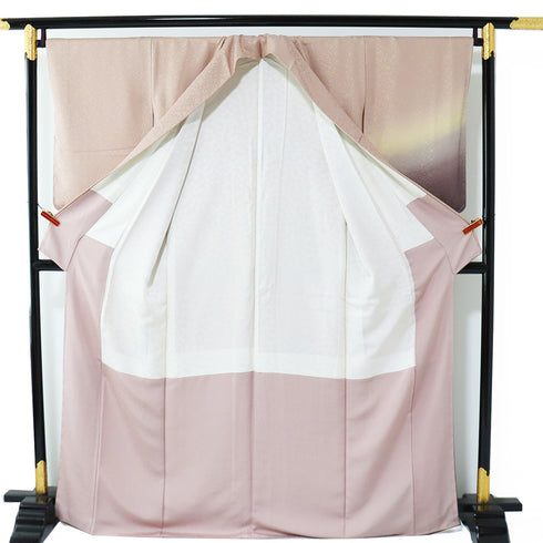 訪問着 リサイクル 身丈166.8cm 裄67.2cm 袷 花唐草模様 ぼかし柄 ピンク LLサイズ お洒落 しつけ糸 正絹 広衿 新品・未使用品