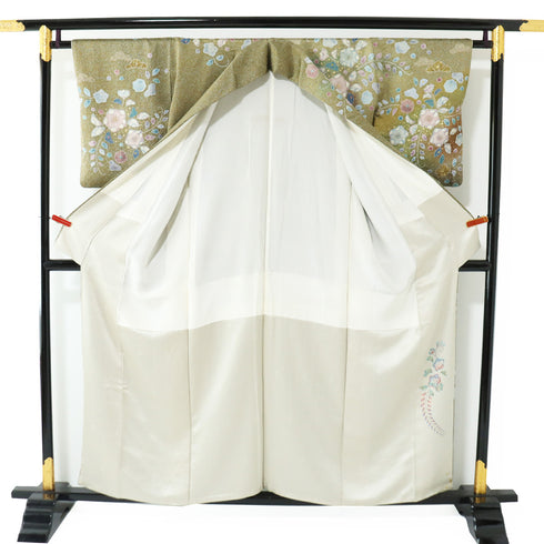 訪問着 リサイクル 身丈154.8cm 裄63.6cm 袷 辻ヶ花文様 箔 後絞り加工 グリーン Sサイズ お洒落 正絹 広衿 Sランク