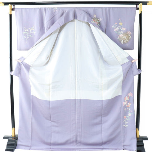 訪問着 リサイクル 身丈175.5cm 裄68.2cm 袷 花柄 箔 パープル LLサイズ セミフォーマル 正絹 広衿 Aランク