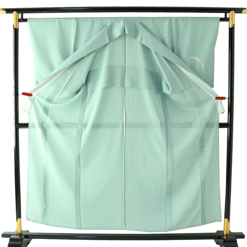 付下げ リサイクル 夏着物 身丈153.2cm 裄65cm 絽 デザイン花柄 グリーン Sサイズ セミフォーマル 一つ紋 正絹 広衿 Aランク