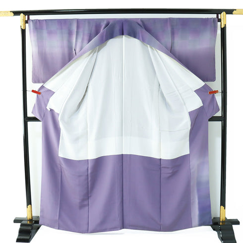 訪問着 リサイクル 身丈160cm 裄69cm 袷 ぼかし市松柄 パープル Mサイズ お洒落 正絹 広衿 Sランク