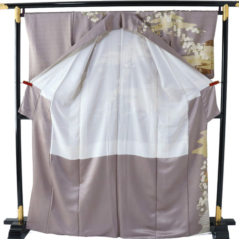 訪問着 身丈165.5cm 裄67.5cm 袷 かすみに菊模様 金駒刺繍 箔 パープル LLサイズ セミフォーマル 正絹 広衿 Aランク