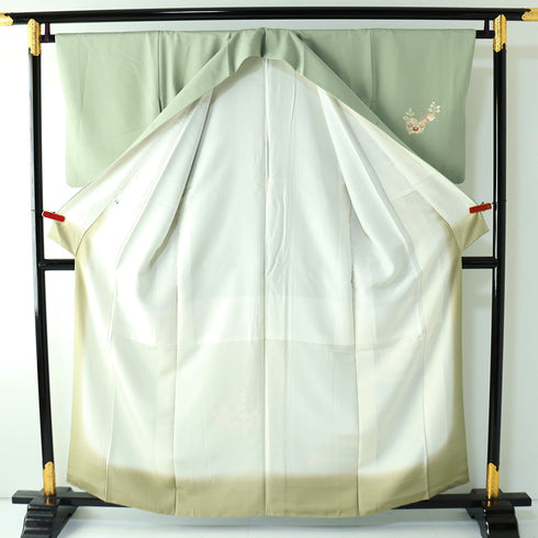 付下げ リサイクル 身丈158.2cm 裄64.4cm 袷 桐柄 観世水 金駒刺繍 箔加工 パールトーン加工 グリーン Mサイズ お洒落 正絹 広衿 Sランク