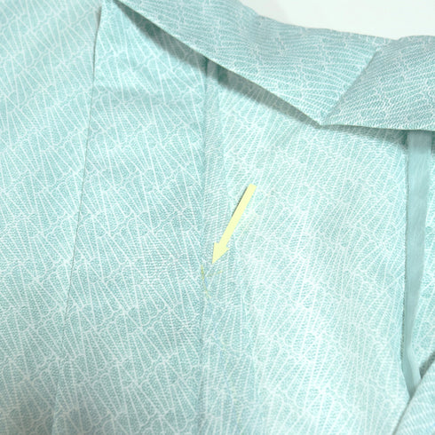 小紋 リサイクル 夏着物 身丈156.7cm 裄65cm 絽 デザイン扇子柄 グリーン Mサイズ お洒落 ポリエステル 洗える着物 バチ衿 Sランク