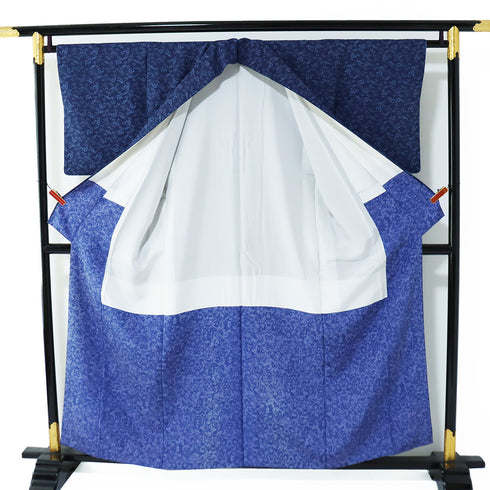 訪問着 リサイクル 身丈156.2cm 裄64.4cm 袷 竹に雀や花模様 ネイビー Mサイズ お洒落 正絹 広衿 Aランク