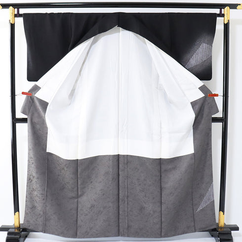 訪問着 リサイクル 身丈160.5cm 裄65.8cm 袷 幾何学柄 地紋 ブラック Lサイズ お洒落 落款 正絹 広衿 Sランク