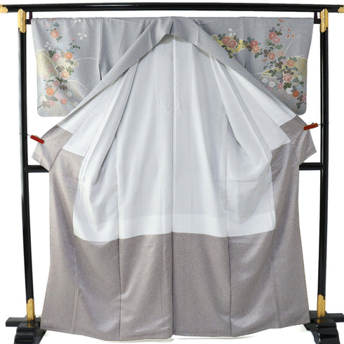 訪問着 リサイクル 身丈161.3cm 裄67.2cm 袷 菊柄 たたき柄 箔加工 グレー Lサイズ セミフォーマル お洒落 正絹 広衿 Sランク