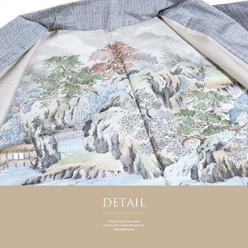 アンサンブル 男物 リサイクル 身丈148.3cm 裄76cm 羽織丈100cm 袷 雅生織 三代目市三郎 紬 ゆったり グレー Mサイズ お洒落 カジュアル 証紙 しつけ糸 正絹 棒衿 Sランク