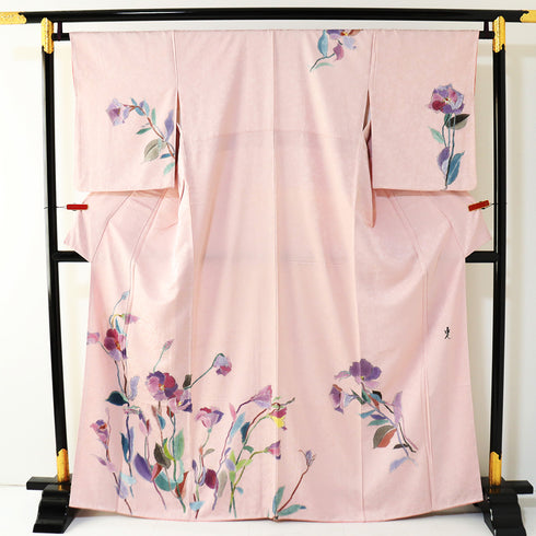 付下げ リサイクル 身丈164.3cm 裄66cm 袷 花柄 光 ピンク Lサイズ お洒落 正絹 広衿 Aランク