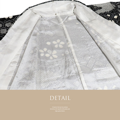 小紋 リサイクル 身丈159.8cm 裄66.8cm 袷 絞り 雲取りに花など 麻の葉 亀甲 ブラック Mサイズ お洒落 正絹 広衿 Sランク