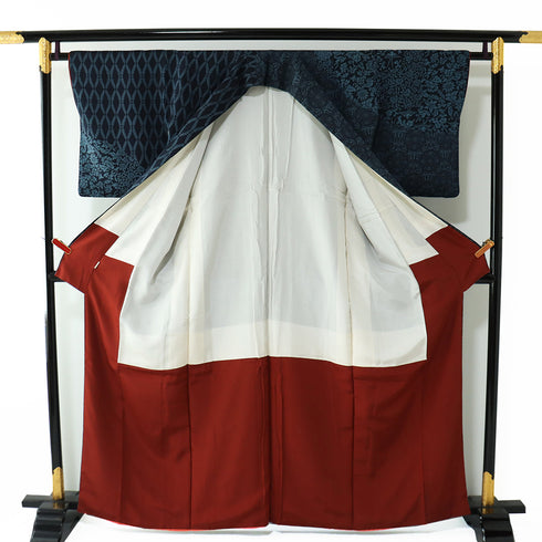 付下げ リサイクル 身丈160.8cm 裄64cm 袷 更紗柄 ネイビー Lサイズ お洒落 正絹 広衿 Sランク