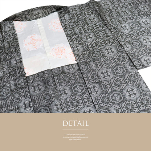 アンサンブル 紬 リサイクル 身丈163.3cm 裄62.6cm 羽織丈76cm 袷 亀甲柄 グレー Lサイズ カジュアル お洒落 しつけ糸 正絹 広衿 Sランク