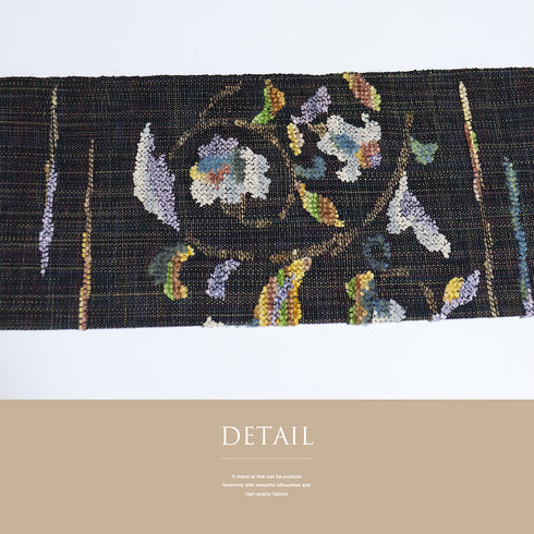 名古屋帯 リサイクル 帯丈400cm ポイント柄 花柄 ブラック LLサイズ 正絹 Sランク お洒落 カジュアル