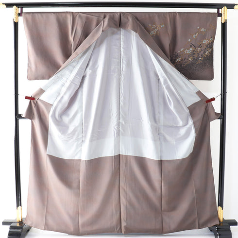 訪問着 リサイクル 身丈161.5cm 裄68cm 袷 花枝柄 草花 箔加工 パープル Lサイズ セミフォーマル お洒落 正絹 広衿 Sランク