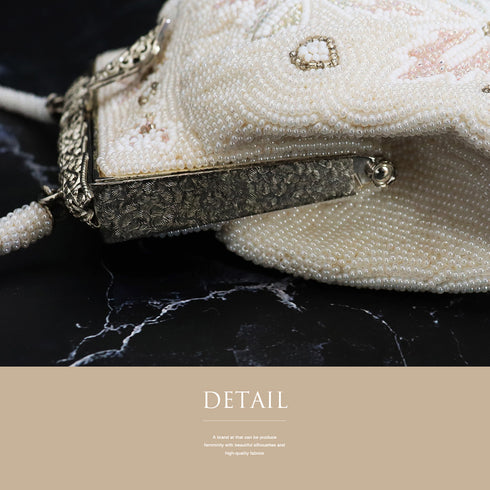 バッグ リサイクル カジュアル アイボリー ビーズ Bランク 花柄 横幅18cm 高さ14cm マチ5cm