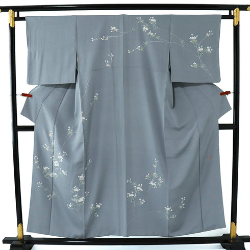 訪問着 リサイクル 身丈151cm 裄62.4cm 袷 花鳥柄 峰山 グレー Sサイズ お洒落 落款 正絹 広衿 Sランク