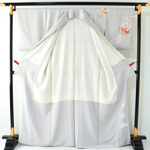 訪問着 リサイクル 身丈164.2cm 裄66.4cm 袷 地紙に菊柄 箔 グレー Lサイズ セミフォーマル お洒落 正絹 広衿 Sランク