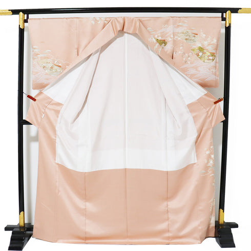 訪問着 リサイクル 身丈168.8cm 裄67.6cm 袷 花柄 金駒刺繍 ピンク LLサイズ セミフォーマル お洒落 正絹 広衿 Sランク