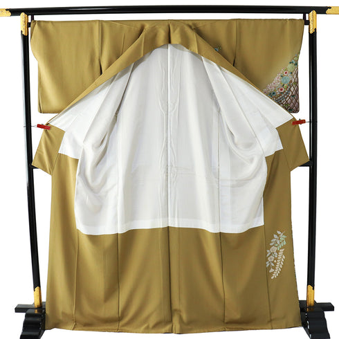訪問着 リサイクル 身丈167cm 裄69.2cm 袷 後絞り加工あり 辻ヶ花調 箔 ブラウン LLサイズ お洒落 正絹 広衿 Aランク