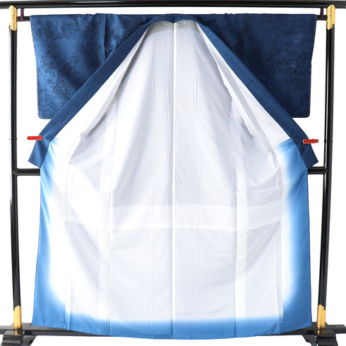 付下げ リサイクル 身丈159.3cm 裄66cm 袷 紬 花柄 木柄 染紬 ブルー Mサイズ お洒落 しつけ糸 正絹 広衿 Sランク