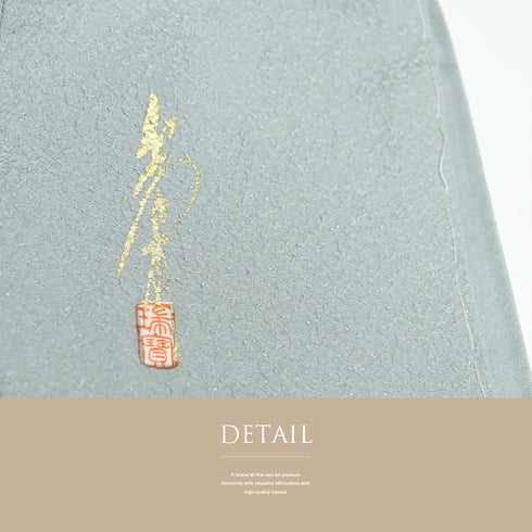 色無地 リサイクル 身丈156.4cm 裄62.7cm 袷 作家物 瑞寶 グリーン Mサイズ セミフォーマル 落款 一つ紋 しつけ糸 正絹 広衿 地紋あり Sランク