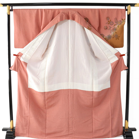 訪問着 リサイクル 身丈168.5cm 裄69.2cm 袷 華唐草柄 汕頭刺繍 オレンジ LLサイズ セミフォーマル 正絹 広衿 Sランク