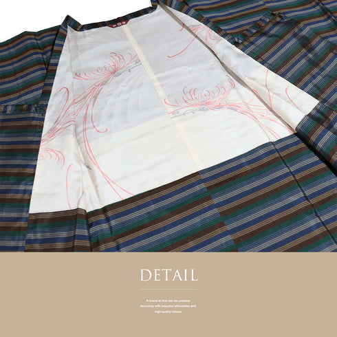 大島紬 リサイクル アンサンブル 2点セット 袷 証紙 Lサイズ Aランク ボーダー柄 カジュアル 道行コート丈89.5cm 身丈161.5cm 裄64.8cm 正絹 着物 AN-56