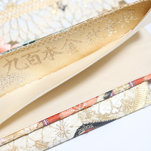 袋帯 リサイクル 帯丈440cm 六通 几帳御所車や牡丹柄 刺繍 ゴールド Mサイズ 正絹 新品・未使用品 フォーマル セミフォーマル