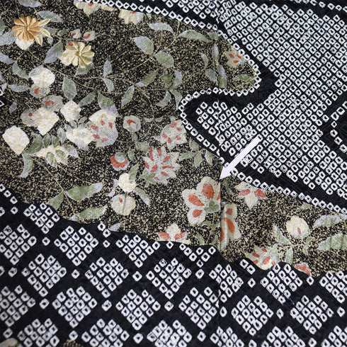 訪問着 リサイクル 身丈159cm 裄64.8cm 袷 流水に花柄 総絞り 金彩 刺繍 ブラック Mサイズ お洒落 正絹 広衿 Sランク