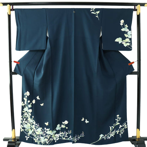 訪問着 リサイクル 身丈158cm 裄66.4cm 袷 秋明菊に萩や蝶柄 グリーン Mサイズ セミフォーマル お洒落 一つ紋 正絹 広衿 Sランク