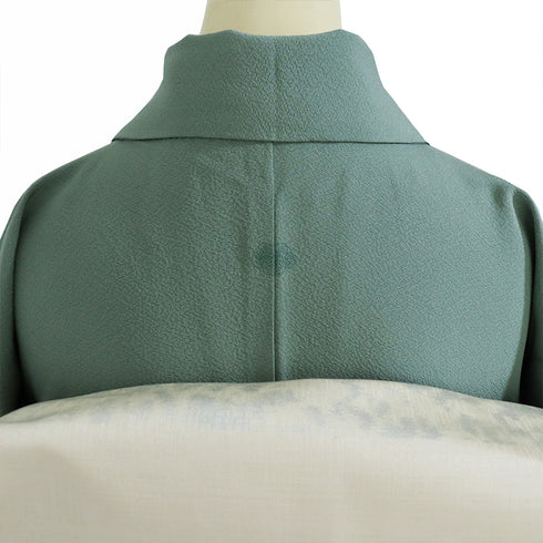 色無地 リサイクル 身丈155cm 裄68.4cm 袷 グリーン Sサイズ セミフォーマル 一つ紋 しつけ糸 正絹 広衿 Sランク