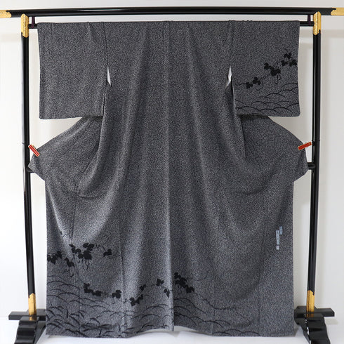 訪問着 リサイクル 身丈163.5cm 裄68.4cm 袷 ひょうたん模様 たたき染め 岸上純平 ブラック Lサイズ お洒落 落款 しつけ糸 正絹 広衿 Sランク