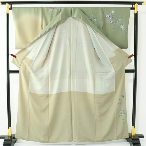訪問着 リサイクル 身丈160.2cm 裄66.6cm 袷 枝花柄 松彩 グリーン Mサイズ セミフォーマル お洒落 正絹 広衿 Sランク