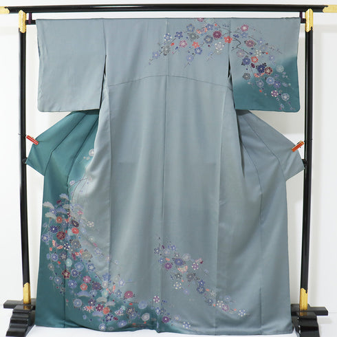 訪問着 リサイクル 身丈166.5cm 裄66.8cm 袷 蝶や松に枝垂れ桜柄 金駒刺繍 箔 パールトーン加工 ブルー LLサイズ セミフォーマル お洒落 一つ紋 正絹 広衿 Sランク
