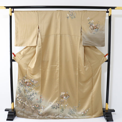 訪問着 リサイクル 身丈167.3cm 裄68.2cm 袷 地紋 金彩秋草模様 刺繍 ブラウン LLサイズ セミフォーマル 正絹 広衿 Sランク