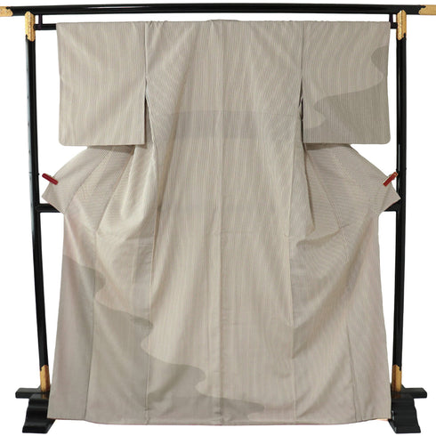 付下げ リサイクル 身丈166.8cm 裄66.2cm 袷 本塩沢 紬 ストライプ 雲取り ベージュ LLサイズ お洒落 正絹 広衿 Sランク