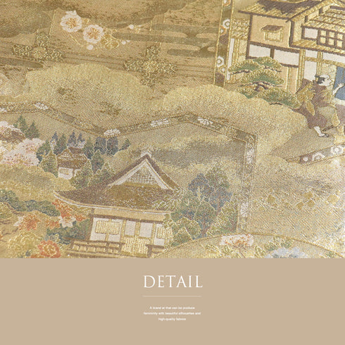 袋帯 リサイクル 帯丈444cm 全通 京雅宮中絵巻 本金箔全通丸帯 はぎれに落款 ゴールド Mサイズ 正絹 Sランク フォーマル