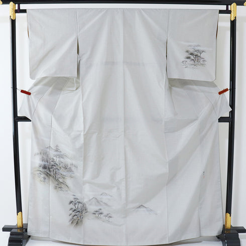 付下げ リサイクル 身丈167cm 裄63.2cm 袷 大島紬 遠山樹林風景柄 晃生 ホワイト LLサイズ お洒落 落款 正絹 広衿 Aランク