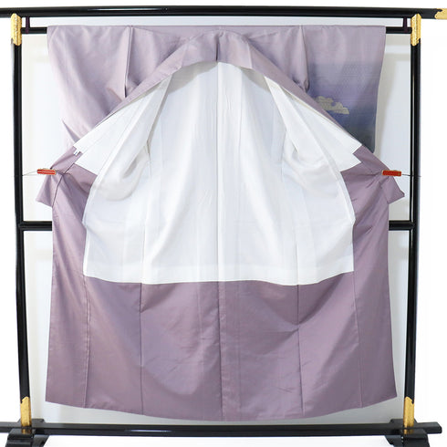 付下げ リサイクル 身丈152.5cm 裄61.6cm 袷 紬 雪輪柄 地紋 じゅらく パールトーン パープル Sサイズ お洒落 正絹 広衿 Sランク