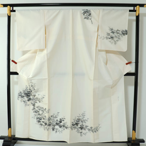 訪問着 リサイクル 身丈158.2cm 裄64.8cm 単衣 菊柄 深山 肩当て付き パールトーン加工 アイボリー Mサイズ お洒落 正絹 広衿 Aランク
