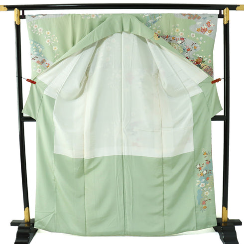 訪問着 リサイクル 身丈164.2cm 裄66.4cm 袷 霞に菊やたちばな柄 金駒刺繍 後絞り加工 箔 グリーン Lサイズ セミフォーマル お洒落 正絹 広衿 Sランク