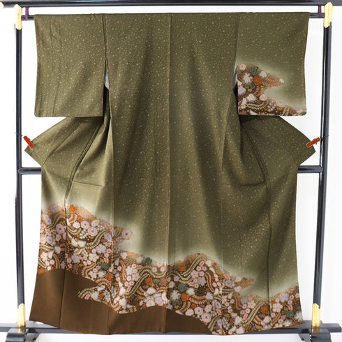 訪問着 リサイクル 身丈155.8cm 裄64cm 袷 辻が花模様 小花散らし 芝草模様 箔加工 グリーン Mサイズ お洒落 正絹 広衿 Sランク