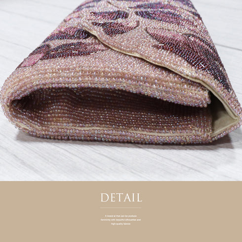 ビーズバック クラッチバッグ 葉柄 ピンクパープル お洒落 横幅22cm 高さ13cm マチ3.5cm Aランク 和装小物 ZO-88