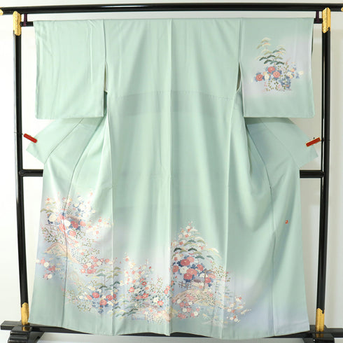 訪問着 リサイクル 身丈155.2cm 裄65.2cm 袷 松竹梅柄 グリーン Sサイズ セミフォーマル お洒落 正絹 広衿 Sランク