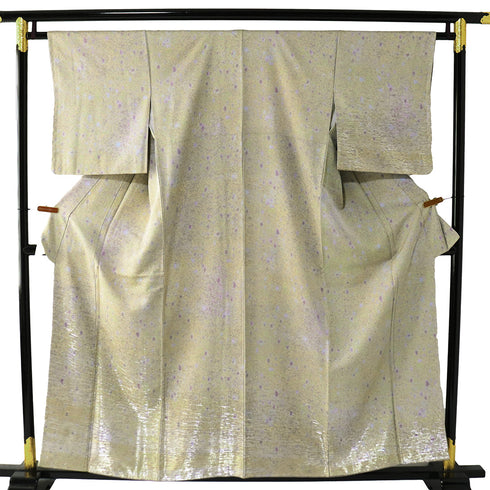 訪問着 リサイクル 身丈155.5cm 裄64.6cm 袷 金銀通し模様 地紋 イエロー Mサイズ お洒落 しつけ糸 正絹 広衿 Sランク