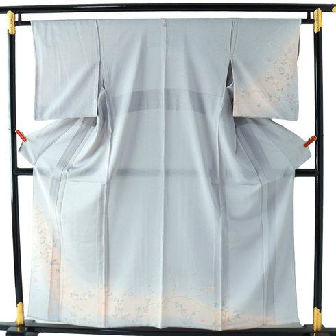 訪問着 リサイクル 夏着物 身丈154.5cm 裄63.8cm 絽 菊や秋草柄 ぼかし グレー Sサイズ セミフォーマル お洒落 一つ紋 しつけ糸 正絹 広衿 Sランク