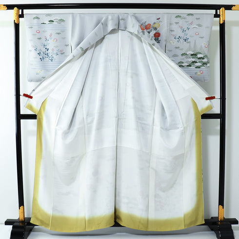 付下げ リサイクル 身丈156.5cm 裄66.5cm 袷 四季花柄 風景柄 グレー Mサイズ セミフォーマル お洒落 正絹 広衿 Aランク