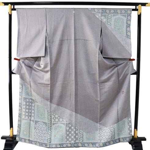 訪問着 身丈163.5cm 裄64.4cm 袷 オリエンタル柄 グレー Lサイズ セミフォーマル お洒落 正絹 広衿 Sランク