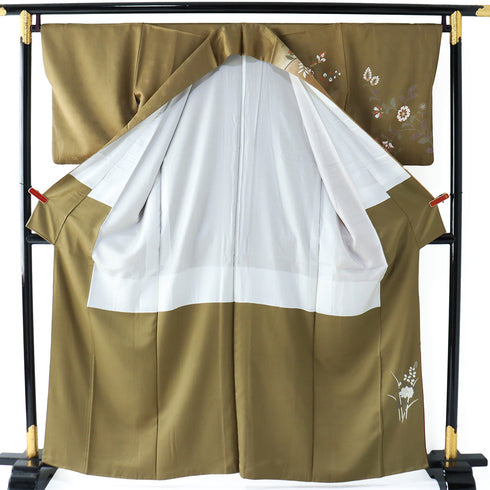 訪問着 リサイクル 身丈160.3cm 裄66.8cm 袷 色紙に花柄 ブラウン Mサイズ セミフォーマル お洒落 正絹 広衿 Sランク