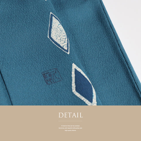 小紋 リサイクル 身丈164.7cm 裄67.8cm 袷 デザイン菱柄 白玉一珍染 大東工房 ブルー Lサイズ お洒落 カジュアル 正絹 広衿 Sランク